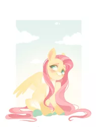 Size: 1983x2610 | Tagged: safe, artist:irusumau, derpibooru import, fluttershy, pegasus, pony, blushing, colored hooves, colored pupils, cute, female, high res, image, jpeg, looking away, looking sideways, looking up, mare, partially open wings, shyabetes, sitting, sky background, smiling, solo, three quarter view, wings