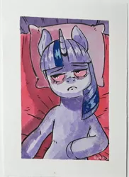 Size: 1373x1881 | Tagged: safe, artist:raph13th, derpibooru import, twilight sparkle, bed, distant stare, image, jpeg, laying on bed, lying down, on bed, pillow, red eyes, traditional art, watercolor painting