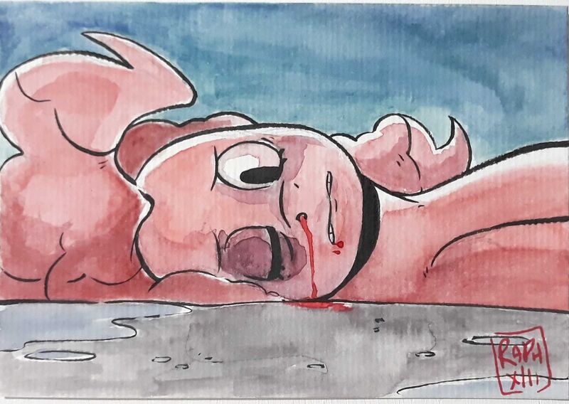 Size: 2091x1484 | Tagged: questionable, artist:raph13th, derpibooru import, pinkie pie, black eye, blood, image, jpeg, lying down, nosebleed, traditional art, watercolor painting