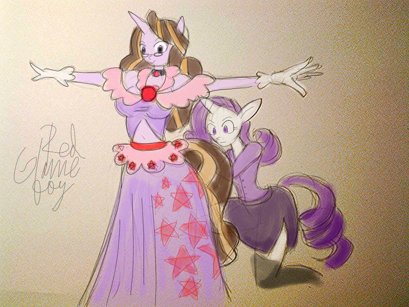 Size: 1232x924 | Tagged: safe, artist:gameboyred, derpibooru import, rarity, oc, anthro, unicorn, anthro oc, clothes, dress, duo, female, horn, image, png, unicorn oc