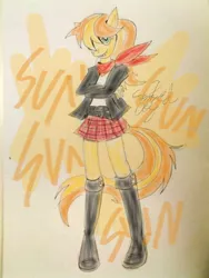 Size: 924x1232 | Tagged: safe, artist:gameboyred, derpibooru import, oc, oc:sunny day, unofficial characters only, anthro, earth pony, anthro oc, clothes, crossed arms, earth pony oc, female, image, png, skirt, solo, traditional art