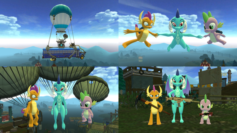 Size: 3840x2160 | Tagged: safe, artist:ponygamer2020, artist:ponygamersfm, derpibooru import, princess ember, smolder, spike, dragon, 3d, assault rifle, backpack, balloon, battle royal, bus, dragoness, dragon trio, ear, falling, female, flying, fn scar, forest, fortnite, grin, gun, happy, horn, image, island, looking at you, looking down, male, map, parachute, pickaxe, png, rifle, shotgun, sky, skydiving, smiling, source filmmaker, tail, tree, trio, vehicle, video game, video game crossover, weapon