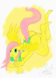 Size: 800x1117 | Tagged: suggestive, artist:gameboyred, derpibooru import, fluttershy, anthro, pegasus, plantigrade anthro, ass, bare feet, butt, clothes, female, image, lying down, png, prone, solo, solo female, swimsuit
