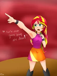 Size: 2104x2800 | Tagged: safe, artist:film77asq, derpibooru import, sunset shimmer, equestria girls, rainbow rocks, clothes, female, human coloration, image, microphone, open mouth, png, pointing, scene interpretation, singing, skirt, solo