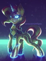 Size: 750x1000 | Tagged: safe, artist:shad0w-galaxy, derpibooru import, sunset shimmer, cyborg, pony, unicorn, chest fluff, choker, clothes, female, glow, glowing eyes, glowing horn, grin, horn, image, jacket, leather jacket, mare, png, raised hoof, smiling