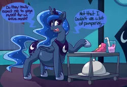 Size: 3948x2720 | Tagged: safe, artist:graphenescloset, derpibooru import, princess luna, alicorn, pony, series:luna's blubbering, belly, belly noises, big belly, cake, crown, dialogue, drink, ethereal mane, female, food, image, incentive drive, jewelry, mare, png, princess moonpig, regalia, solo, starry mane, starry tail, stomach noise, tail, this will end in weight gain, weight gain, weight gain sequence