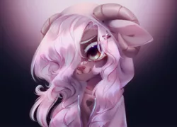 Size: 2326x1669 | Tagged: oc name needed, safe, artist:tomness, derpibooru import, oc, unofficial characters only, pony, :3, bust, eyebrows, eyelashes, goat horns, gradient background, hair over one eye, heart, hood, horns, image, jpeg, portrait, smiling, smirk, solo, unknown species, white eyebrows, white eyelashes, zipper