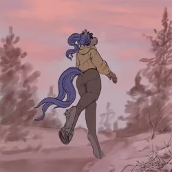 Size: 2048x2048 | Tagged: safe, artist:oops, derpibooru import, oc, unofficial characters only, anthro, earth pony, unguligrade anthro, ass, butt, clothes, dock, hoodie, horseshoes, image, jpeg, pants, solo, tail, winter