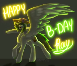 Size: 2364x2028 | Tagged: safe, artist:sparkie45, derpibooru import, oc, oc:ray, pegasus, pony, cute, cutie mark, eyestrain warning, glow, happy birthday, hat, image, male, ocbetes, png, solo, spread wings, stallion, wings