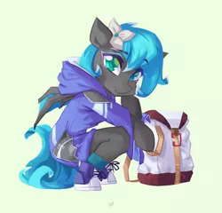 Size: 1200x1151 | Tagged: suggestive, artist:saxopi, derpibooru import, oc, unofficial characters only, bat pony, semi-anthro, bag, clothes, cute, green background, image, jacket, jpeg, looking at you, ocbetes, shoes, simple background, socks, solo