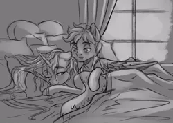 Size: 892x635 | Tagged: safe, derpibooru import, princess celestia, oc, oc:light knight, alicorn, pegasus, pony, bed, canon x oc, folded wings, grayscale, image, jpeg, love, monochrome, on bed, pegasus oc, sketch, spread wings, window, wings