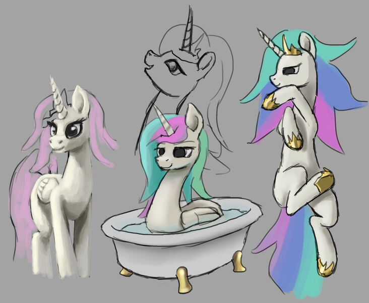 Size: 1280x1049 | Tagged: safe, artist:odooee, derpibooru import, princess celestia, alicorn, pony, bathtub, crown, doodle, female, image, jewelry, jpeg, mare, pink-mane celestia, regalia, sketch, sketch dump, solo, swanlestia