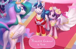 Size: 1856x1196 | Tagged: safe, artist:holivi, artist:lummh, derpibooru import, princess cadance, princess celestia, rarity, shining armor, twilight sparkle, alicorn, pony, unicorn, comic:the princess of love, a canterlot wedding, alternate hairstyle, butt, clothes, colored wings, crown, cute, cutedance, cutelestia, dress, ethereal mane, female, floral head wreath, flower, folded wings, gradient wings, horn, image, jewelry, looking at each other, looking at someone, male, mare, marriage, plot, png, regalia, ribbon, scene interpretation, shining adorable, shiningcadance, shipping, shoes, smiling, speech bubble, stallion, straight, sunbutt, text, wall of tags, wedding, wedding dress, wings