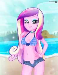 Size: 871x1118 | Tagged: suggestive, artist:charliexe, derpibooru import, princess cadance, equestria girls, beach, bedroom eyes, belly button, bra, breasts, choker, clothes, dean cadance, denim shorts, eyeshadow, female, image, jeans, jpeg, lipstick, makeup, ocean, panties, pants, rule 34, shorts, solo, solo female, underwear, water