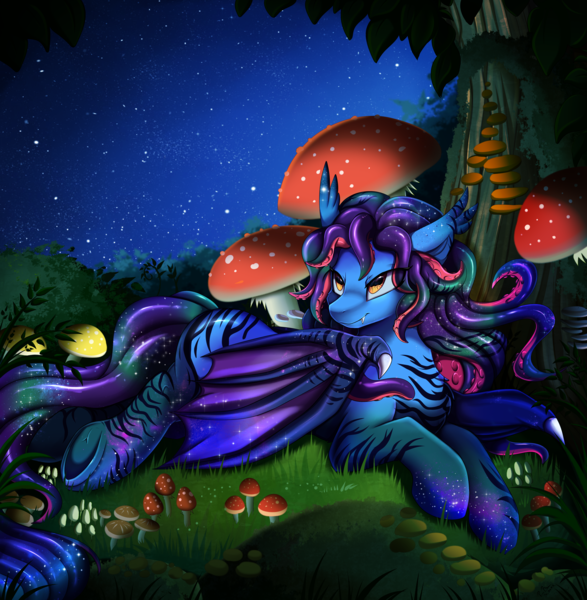 Size: 3395x3472 | Tagged: safe, artist:pridark, derpibooru import, oc, unofficial characters only, cuttlefish, hybrid, pony, commission, grass, image, mushroom, night, night sky, png, scenery, sky, solo, tree