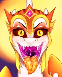 Size: 3000x3700 | Tagged: suggestive, artist:peachlee, derpibooru import, daybreaker, pony, crown, drool, gradient background, image, imminent vore, jewelry, mawshot, open mouth, oral invitation, png, regalia, sharp teeth, teeth, vore