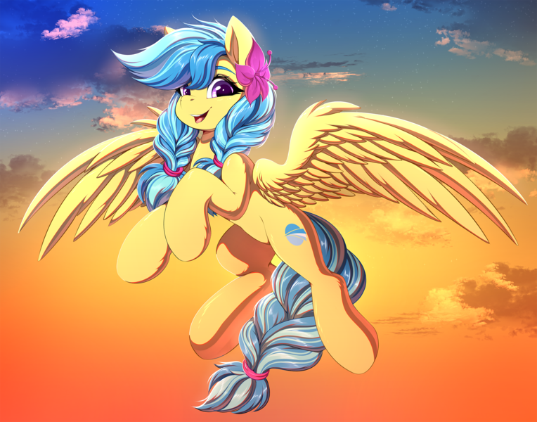 Size: 2275x1786 | Tagged: safe, artist:ask-colorsound, derpibooru import, oc, oc:jeppesen, unofficial characters only, pegasus, pony, braid, braided tail, cloud, commission, cute, cutie mark, feather, female, flower, flower in hair, image, looking at you, mare, multicolored hair, pegasus oc, png, purple eyes, sky, solo, spread wings, sunset, tail, twin braids, wings, ych result, yellow fur, your character here