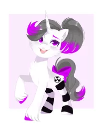Size: 3000x3625 | Tagged: safe, artist:irusumau, derpibooru import, oc, oc:hazel radiate, unofficial characters only, pony, unicorn, blushing, bow, cheek fluff, chest fluff, clothes, colored hooves, cute, ear fluff, eyebrows, eyelashes, female, hair over one eye, high res, highlights, horn, image, jpeg, mare, open mouth, open smile, ponytail, purple eyes, request, simple background, smiling, socks, solo, striped socks, tail, tail bow, teeth, unicorn oc, unshorn fetlocks, white background