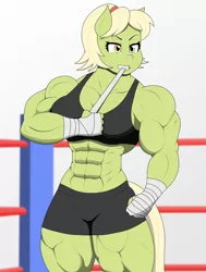 Size: 1800x2382 | Tagged: safe, artist:matchstickman, derpibooru import, granny smith, anthro, abs, boxing, boxing ring, clothes, compression shorts, female, granny smash, image, muscles, muscular female, png, solo, sports, sports bra, taped fists, younger, young granny smith