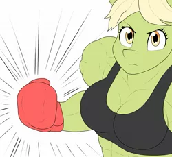 Size: 1345x1231 | Tagged: safe, artist:matchstickman, derpibooru import, granny smith, anthro, boxing, boxing gloves, breasts, clothes, female, fight, granny smash, image, jpeg, muscles, muscular female, offscreen character, pov, punch, serious, serious face, solo, sports, sports bra, younger, young granny smith