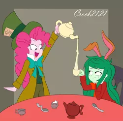 Size: 1280x1262 | Tagged: safe, artist:crock2121, derpibooru import, pinkie pie, wallflower blush, equestria girls, alice in wonderland, bunny ears, cup, image, jpeg, mad hatter, march hare, tea party, teacup