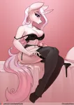 Size: 848x1200 | Tagged: explicit, alternate version, artist:chrysalisdraws, derpibooru import, fleur-de-lis, anthro, unguligrade anthro, unicorn, 2021, bed, bedroom eyes, black panties, black underwear, breasts, busty fleur-de-lis, clothes, futa, futa fleur-de-lis, garter belt, image, intersex, png, smiling, solo, solo futa, underwear