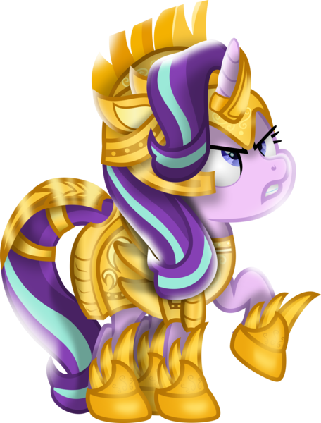 Size: 2819x3712 | Tagged: safe, artist:lincolnbrewsterfan, derpibooru import, starlight glimmer, pony, unicorn, a matter of principals, my little pony: the movie, .svg available, armor, armored pony, battle stance, blue eyes, decoration, design, female, flourish, focus, focused, frown, gameloft, gameloft interpretation, gold, helmet, high res, highlights, horn, horn guard, image, inkscape, looking up, mare, movie accurate, narrowed eyes, png, protecting, raised hoof, serious, serious face, shading, shadow, shine, shiny, solo, stance, standing, tail, tail band, teeth, vector