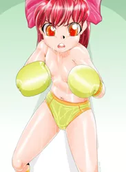 Size: 704x960 | Tagged: suggestive, artist:pugilismx, banned from derpibooru, ponybooru import, apple bloom, human, boxing gloves, boxing shorts, clothes, female, humanized, image, jpeg, lolicon, partial nudity, solo, topless, underage