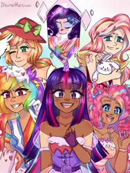 Size: 1200x1600 | Tagged: safe, artist:diameltzowo, derpibooru import, applejack, fluttershy, pinkie pie, rainbow dash, rarity, sci-twi, twilight sparkle, human, rabbit, equestria girls, animal, clothes, cupcake, dark skin, dress, element of generosity, element of honesty, element of kindness, element of laughter, element of loyalty, element of magic, elements of harmony, eyebrows, female, food, group, horn, humane five, humane six, humanized, image, jpeg, mane six, smiling