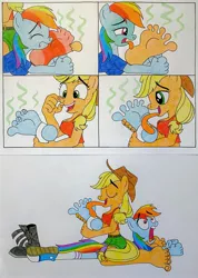 Size: 2827x3960 | Tagged: suggestive, artist:darienspeyer, derpibooru import, applejack, rainbow dash, anthro, barefoot, clothes, eyes closed, feet, female, fetish, foot fetish, foot worship, gross, grossed out, image, jpeg, licking, licking foot, shoes, shoes removed, smelly feet, socks, soles, spongebob squarepants, stinky feet, toes, tongue out