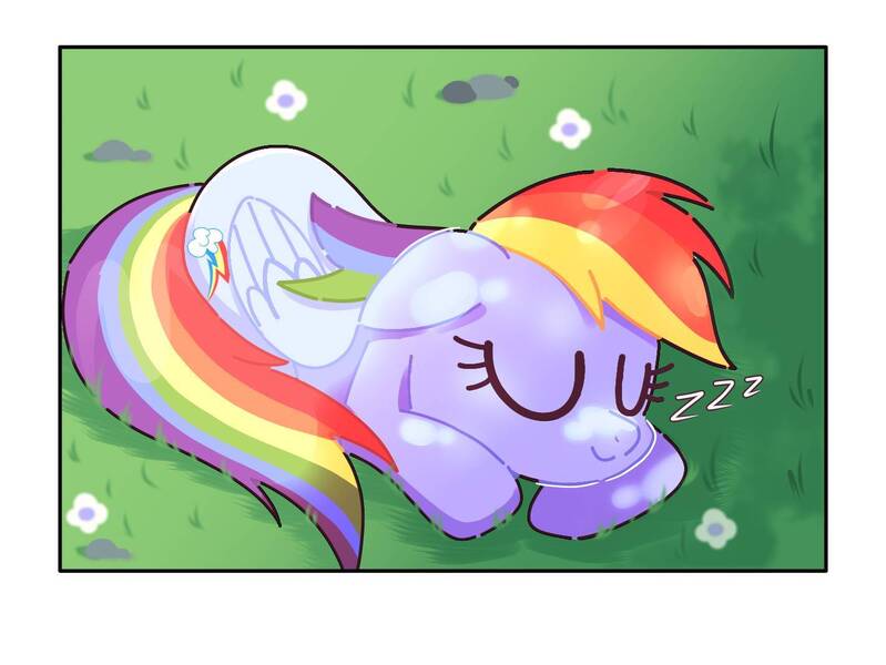 Size: 1423x1069 | Tagged: safe, artist:aceslingerexo, derpibooru import, rainbow dash, pegasus, pony, female, grass, image, jpeg, mare, onomatopoeia, sleeping, sleepydash, solo, sound effects, zzz