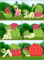 Size: 941x1280 | Tagged: suggestive, artist:dendollae, derpibooru import, cherry berry, earth pony, original species, plant pony, pony, comic, emanata, eyes closed, female, fetish, floating heart, food, heart, image, inanimate tf, jpeg, mare, pitcher plant, plant, question mark, stomach noise, strawberry, tail, tail vore, transformation, vore