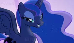 Size: 283x168 | Tagged: safe, artist:mockingbirb, derpibooru import, edit, edited screencap, screencap, princess luna, rarity, fanfic, alternate universe, body swap, fanfic art, fanfic cover, flirty, half-lidded eyes, image, mad fashion, mad science, png, smiling