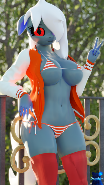 Size: 1080x1920 | Tagged: questionable, alternate version, artist:nyaasapphire, derpibooru import, oc, oc:drella, anthro, earth pony, alternate character, bikini, clothes, commission, female, image, micro bikini, png, solo, solo female, swimsuit, ych result