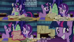 Size: 1280x720 | Tagged: safe, derpibooru import, edit, edited screencap, editor:quoterific, screencap, starlight glimmer, twilight sparkle, twilight sparkle (alicorn), alicorn, pony, unicorn, season 6, the crystalling, female, grin, image, library, magic, mare, open mouth, open smile, png, smiling, telekinesis, twilight's castle, twilight's castle library