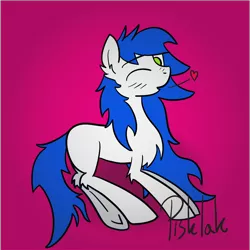 Size: 2370x2366 | Tagged: safe, artist:pisklakozaur, derpibooru import, oc, unofficial characters only, earth pony, pony, chest fluff, ear fluff, image, one eye closed, png, purple background, signature, simple background, solo, wink