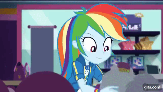 Size: 640x360 | Tagged: safe, derpibooru import, screencap, rainbow dash, equestria girls, equestria girls series, holidays unwrapped, spoiler:eqg series (season 2), animated, clothes, cutie mark, cutie mark on clothes, dashing through the mall, female, geode of super speed, gif, gifs.com, hoodie, image, jewelry, magical geodes, necklace, shrunken pupils, smiling, solo
