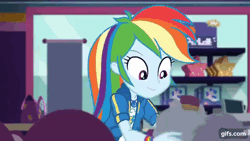 Size: 640x360 | Tagged: safe, derpibooru import, screencap, rainbow dash, equestria girls, equestria girls series, holidays unwrapped, spoiler:eqg series (season 2), animated, clothes, cutie mark, cutie mark on clothes, dashing through the mall, female, geode of super speed, gif, gifs.com, hoodie, image, jewelry, magical geodes, necklace, shrunken pupils, smiling, solo
