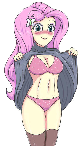 Size: 1647x2952 | Tagged: suggestive, artist:sumin6301, derpibooru import, fluttershy, butterfly, human, insect, equestria girls, belly button, black dress, blushing, blushing profusely, bra, breasts, brown socks, busty fluttershy, clothes, dress, dress lift, eyebrows, eyebrows visible through hair, hairpin, image, jpeg, looking at you, panties, polka dot bra, polka dot panties, polka dots, seductive, seductive look, simple background, smiling, socks, stockings, stupid sexy fluttershy, thigh highs, underwear, white background