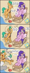 Size: 1515x3612 | Tagged: safe, artist:pony-thunder, derpibooru import, hitch trailblazer, pipp petals, bird, earth pony, pegasus, pony, seagull, beach, beach ball, bucket, comic, critter magnet, female, g5, headband, image, implied hitchpipp, male, mare, mobile phone, phone, png, shovel, stallion, sunbathing