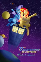 Size: 2000x3000 | Tagged: safe, artist:sixes&sevens, derpibooru import, sunset shimmer, trixie, alicorn, pony, unicorn, fanfic, my little pony: a new generation, angry, bill and ted's excellent adventure, cape, clothes, dab, doctor who, fanfic art, fanfic cover, g5, hat, image, map, planet, png, pointing, race swap, smiling, space, tardis, trixie's cape, trixie's hat, yelling