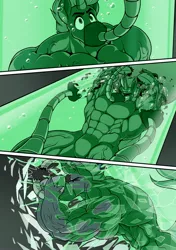 Size: 2450x3486 | Tagged: safe, artist:ponyanony, derpibooru import, part of a set, oc, oc:secret mentore, comic:growth experiment, image, jpeg, laboratory, muscle growth, muscles