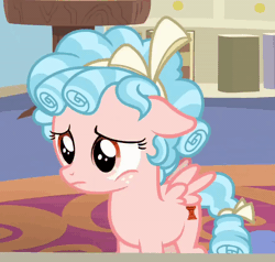 Size: 800x760 | Tagged: safe, derpibooru import, screencap, cozy glow, pegasus, pony, marks for effort, season 8, spoiler:s08, animated, book, bow, cozybetes, cropped, curly mane, cute, female, filly, floppy ears, foal, freckles, gif, image, looking down, ribbon, sad, solo, table, talking, two toned mane, wings