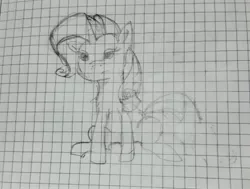 Size: 2448x1851 | Tagged: safe, artist:naturajellyfish, derpibooru import, rarity, pony, unicorn, doodle, eyeshadow, floppy ears, graph paper, grid, horn, image, irl, irl photo, jpeg, lidded eyes, makeup, no tail, notebook, old photo, photo, rarity is not amused, simple background, sitting, traditional art, unamused, white background