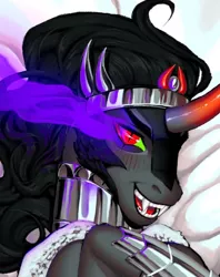Size: 720x907 | Tagged: safe, artist:creep, derpibooru import, king sombra, pony, unicorn, armor, bed, blush sticker, blushing, fangs, glow, glowing eyes, glowing horn, horn, image, male, metal, png, red eyes, spikes, stallion