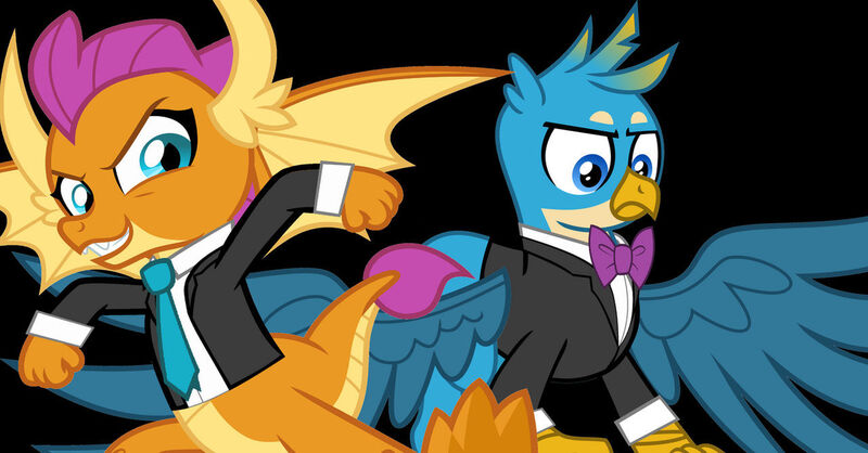 Size: 1280x668 | Tagged: safe, artist:cloudyglow, artist:disneymarvel96, artist:hendro107, derpibooru import, edit, vector edit, gallus, smolder, dragon, gryphon, black background, bowtie, clothes, dragoness, duo, female, image, jpeg, male, necktie, secret agent, simple background, spy, suit, tuxedo, vector