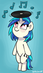 Size: 703x1200 | Tagged: safe, artist:heretichesh, derpibooru import, vinyl scratch, pony, unicorn, animated, balancing, bipedal, blushing, cute, female, filly, filly vinyl scratch, foal, gif, gradient background, image, looking up, music notes, record, smiling, solo, vinyl disc, vinylbetes, younger