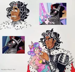 Size: 554x532 | Tagged: safe, artist:valeriamagicart, derpibooru import, king sombra, princess flurry heart, anthro, human, unicorn, the beginning of the end, boop, fangs, horn, image, jpeg, scared, signature
