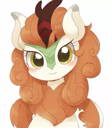 Size: 1598x1835 | Tagged: safe, artist:ginmaruxx, derpibooru import, autumn blaze, kirin, blushing, bust, eye clipping through hair, female, image, jpeg, looking at you, simple background, smiling, solo, white background