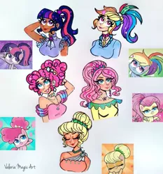 Size: 495x532 | Tagged: safe, artist:valeriamagicart, derpibooru import, screencap, applejack, fluttershy, pinkie pie, rainbow dash, twilight sparkle, twilight sparkle (alicorn), alicorn, earth pony, human, pegasus, pony, unicorn, my little pony: pony life, spoiler:pony life s02e17, alternate hairstyle, clothes, cute, dashabetes, dress, humanized, image, jackabetes, jewelry, jpeg, necklace, ponytail, scene interpretation, screencap reference, shyabetes, signature, simple background, traditional art, twiabetes, what goes updo